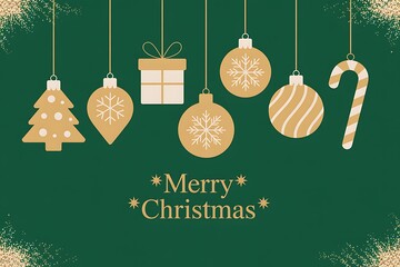 Festive Christmas ornaments and a candy cane hang above a 'Merry Christmas' greeting on a green background.