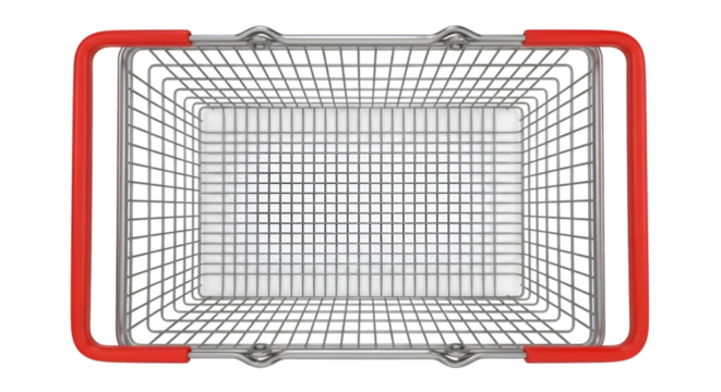 Top view of an empty metal shopping basket with red handles