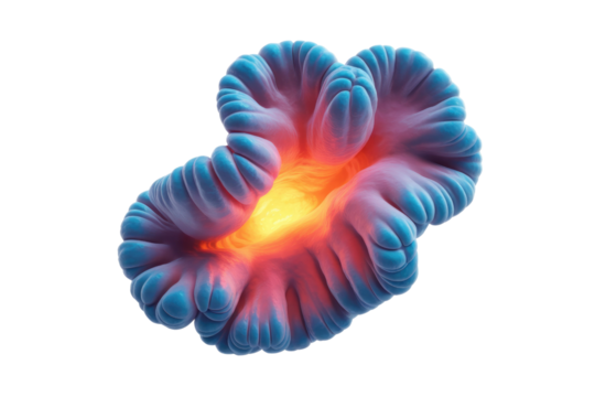 A vibrant abstract organic form featuring blue-purple convoluted folds surrounding a glowing, fiery core, evoking biological energy or futuristic cellular life. background removed