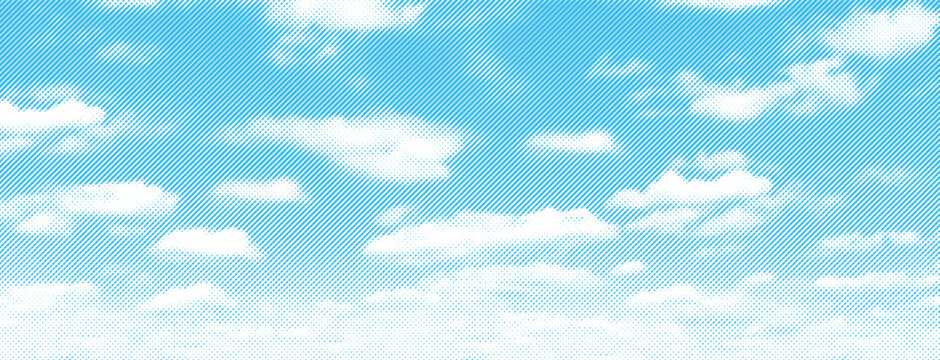 Sky cloud vector engraving texture background. Bright blue sky and white clouds made by diagonal lines and dots. Retro ink background design.