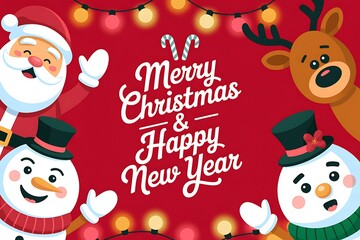 Santa Claus and friends wish everyone a Merry Christmas and a Happy New Year with festive decorations and lights.