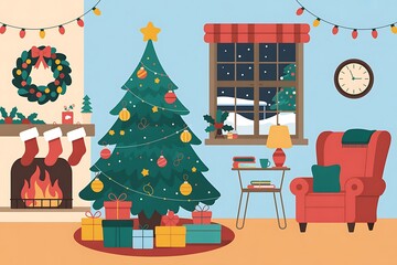 A cozy living room is decorated for Christmas with a tree, fireplace, and gifts under the tree.