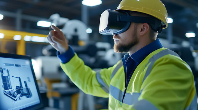 A man in a safety vest and hard hat uses VR in a factory setting, interacting with a digital display. Advanced tech enhances modern manufacturing processes.