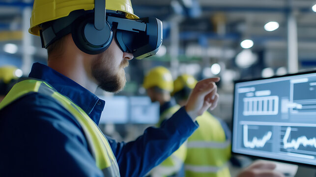 Modern industrial worker wearing virtual reality headset and safety gear, interacting with data visualization on a screen, revolutionizing manufacturing efficiency.