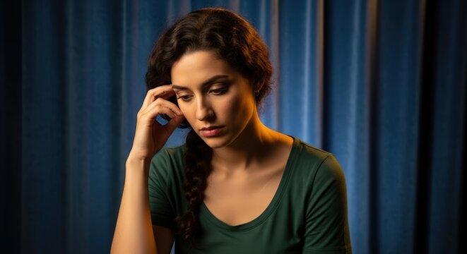 Pensive young woman looking down, hand on head, deep in thought indoors, showing sadness or worry