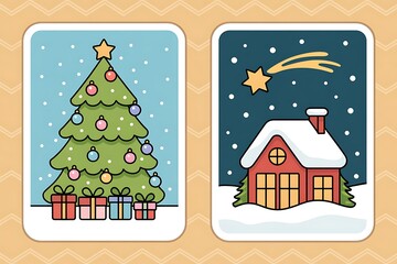 A festive holiday greeting card features a decorated Christmas tree with gifts and a snowy cottage under a starry sky.