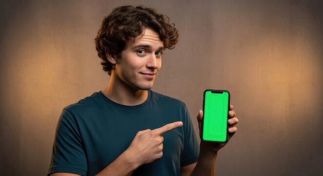 Smiling young man pointing at green screen smartphone displaying advertisement in studio