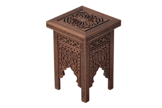 Intricately carved square wooden table featuring Moroccan-style geometric and calligraphic patterns. Dark wood finish, perfect as an accent or side table. background removed