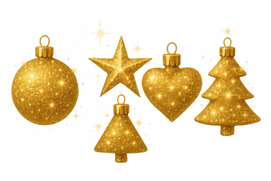 Glittering golden christmas ornaments set, including ball, star, heart, and tree shapes, transparent background