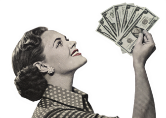 woman hand holding cash banknotes money fan isolated retro halftone dotted cut-out collage element for mixed media design finance transaction investment and economic concept