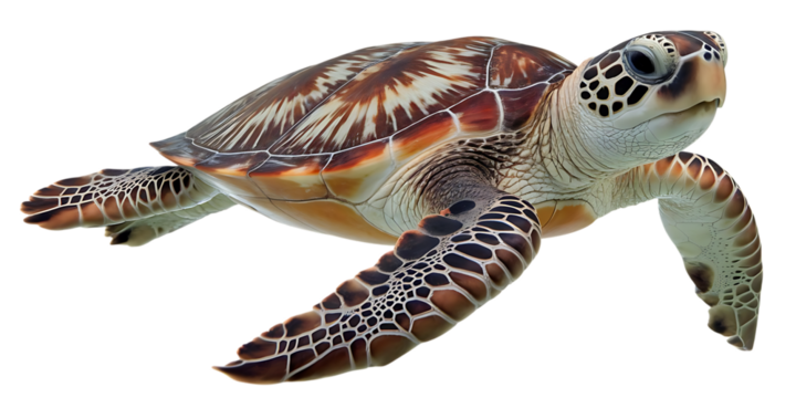 Sea turtle, with intricate shell patterns swimming gracefully, cutout, PNG isolated on white or transparent background marine life