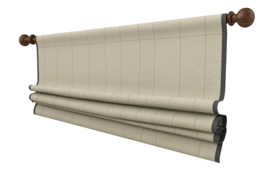 Classic beige Roman blind with subtle vertical stitching and dark gray trim, mounted on a wooden rod. Provides a clean aesthetic. background removed