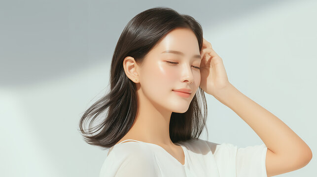 風に流れる美しい艶やかな黒髪を持つ日本人女性：ヘアケア・美容広告・美容院向け