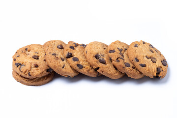 Baked chocolate chip cookies isolated on white background