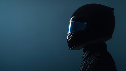 Naklejka premium A person in a black racing suit is seen from the side, complete with a sleek, dark helmet and visor. The background is a deep, solid color that emphasizes the silhouette.