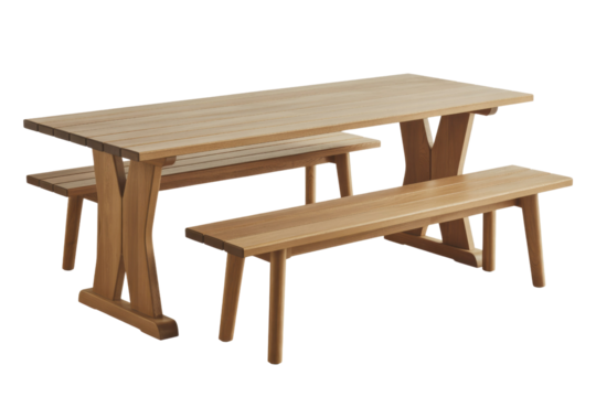 A sturdy light brown wooden picnic table with a slatted top, paired with two matching benches, displayed on a solid transparent background. background removed