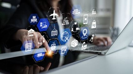 Global shipping icons show transport, loEnticeics, and cargo delivery. Global shipping connects...