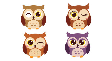 Fototapeta premium Four adorable cartoon owls in various colors and expressions, featuring winking, happy, and thoughtful poses for charming designs.