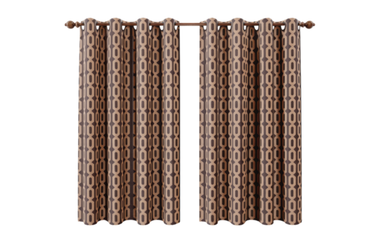 A pair of modern brown and beige geometric pattern curtains, featuring grommet tops on a decorative rod, ideal for contemporary home decor. background removed
