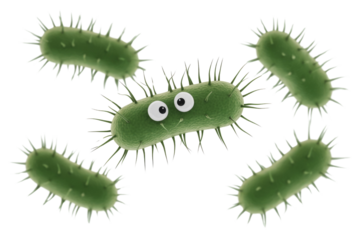 A group of green, spiky, rod-shaped microorganisms, one with googly eyes, giving a friendly, cartoonish representation of bacteria or germs. background removed
