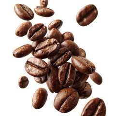 Coffee beans are suspended mid-air, showcasing their rich brown color and unique shapes, perfect for caffeine fans