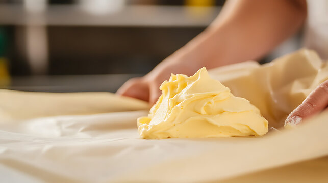 Close-up of pale yellow cream being prepared on parchment paper, capturing the essence of baking preparation. Professional baker at work creating sweet desserts.