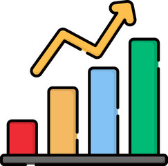 Flat vector bar chart with upward arrow symbolizing growth and success