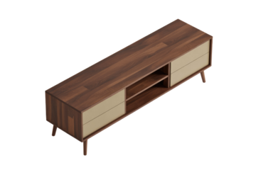 Modern dark wood media console with light beige drawers, open shelving, and tapered legs. Perfect for living room or entertainment setups. background removed