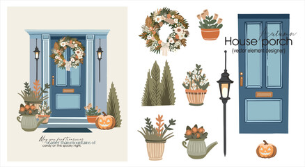 Autumn house porch. A ready-made card with a set of vector elements for independent designs in a flat style. Vector digital illustration on a Halloween theme.