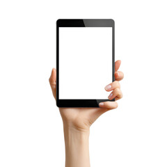 A person displays a blank tablet, ready for personal or professional use in different settings