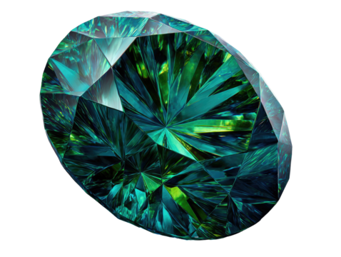 Faceted gemstone, teal-green, round-oval cut, isolated