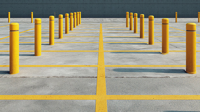 Empty parking lot with yellow bollards and marked spaces, showcasing order and structure