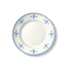 Round White Porcelain Plate with Blue Floral Border on White watercolor illutrastion transparent background