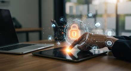 Hand touches tablet with digital padlock overlay on desk with laptop.