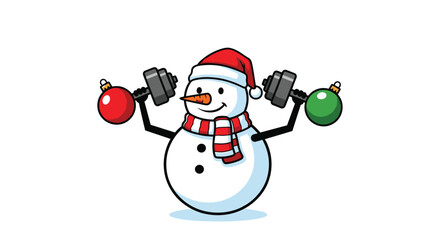 Festive fitness snowman lifting Christmas ornaments weights for holiday health promotion and cheerful seasonal greetings design element