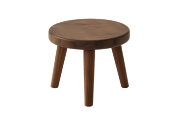 A minimalist round wooden stool with three legs, crafted from dark wood, isolated on a transparent background. background removed