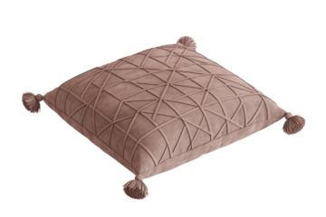 A dusty pink square cushion featuring a raised geometric patterned surface and decorative tassels on each corner, presented on a transparent background. background removed