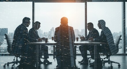 People sit at a table in a meeting room with large windows.