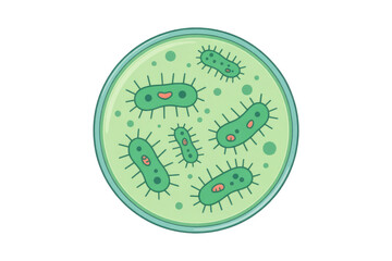 Fototapeta premium A petri dish containing several cartoon-style green bacteria, some with smiling faces, floating in a light green medium for science illustration. background removed