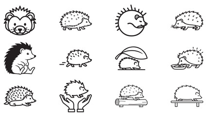 Fototapeta premium Hedgehog Poses Line Art Pack — Prickly Silhouettes in Black Outline for Woodland Education, Crafts, Logos, and Vector Design