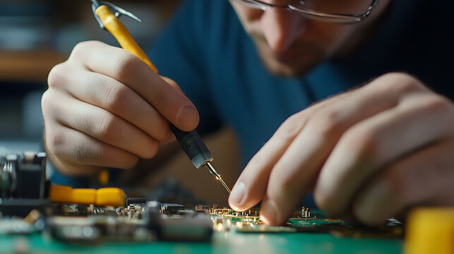 Close-up shot of a technician meticulously repairing a circuit board with a precision instrument, highlighting the complexity and delicate nature of electronics repair.