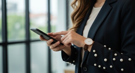 Woman uses smartphone in office setting wearing black jacket with pearl embellishments.