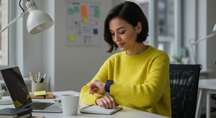 Woman in yellow sweater checks watch at desk in bright office.