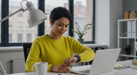 Woman checks wristwatch at desk with laptop in bright indoor office setting.