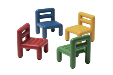 Four vibrant, minimalist chairs in primary colors (red, blue, yellow, green) with rounded, chunky designs, creating a playful and modern aesthetic. background removed