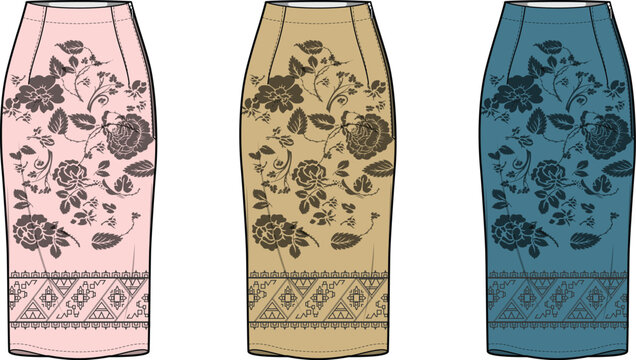 Floral print pencil skirts with ethnic border patterns in three distinct colorways - fashion illustration