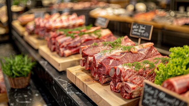Fresh marbled beef cuts displayed neatly in a butcher shop with bright lighting and rich colors