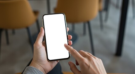 Hand holding smartphone with blank white screen in an indoor setting.