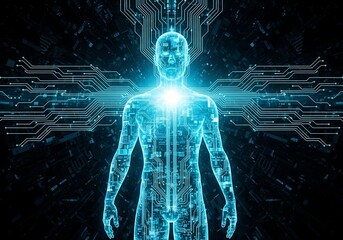 Glowing humanoid silhouette with digital circuits represents future technology and ai concepts