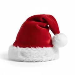 A classic red Santa hat with a white fluffy trim and a white pom-pom on the tip, isolated on a white background.
